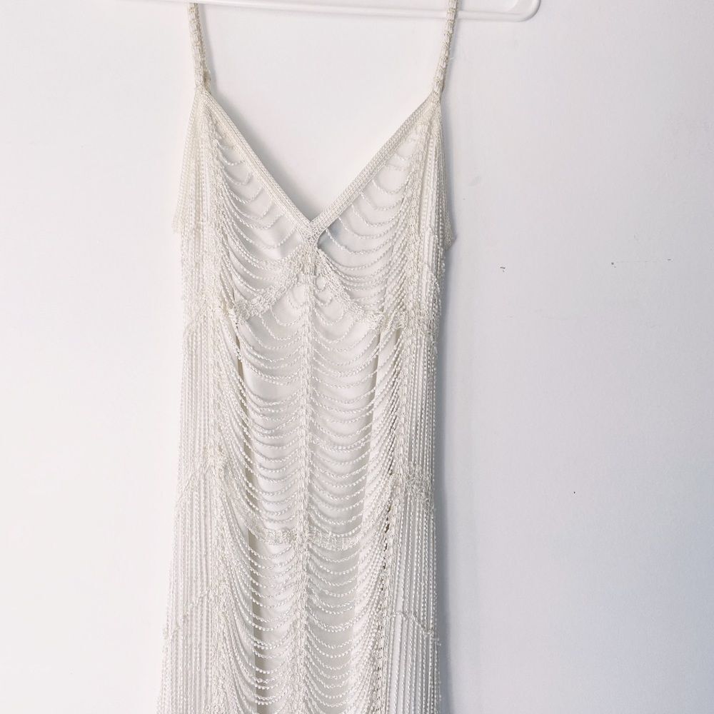 Marina Vintage Beaded Gatsby Style Fringe Dress Size Medium Slightly Off White - Picture 4 of 11